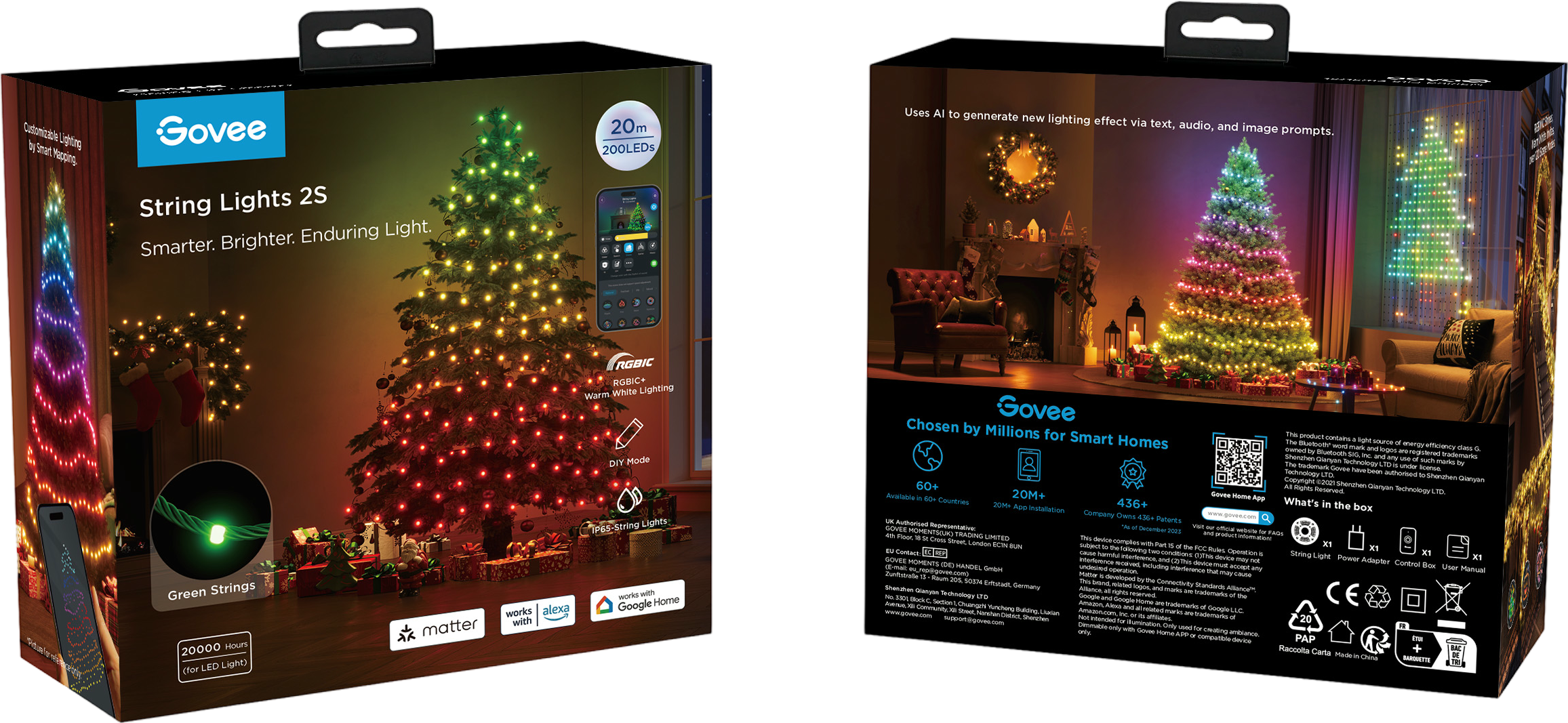 Zwei Kartons mit Govee-Lichterketten für einen Weihnachtsbaum. Einer zeigt den Aufbau, der andere, Funktionen.