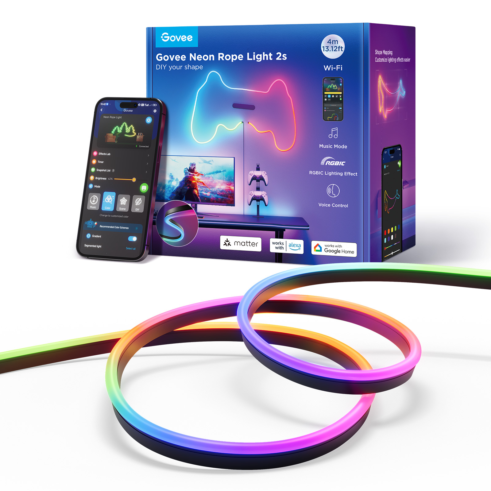 Govee Neon Rope Light 2s Kit. Box, Telefon mit App und Neonlicht.