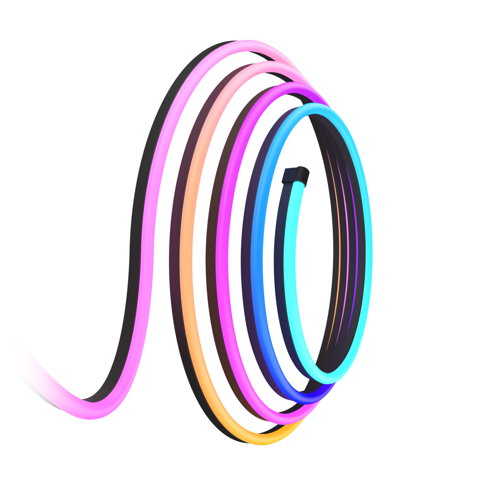Aufgerollter, farbenfroher Neonlichtstreifen, mit verschiedenen Farben, darunter Rosa und Blau.