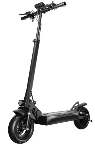 Czarna hulajnoga elektryczna na białym tle, widok z boku.