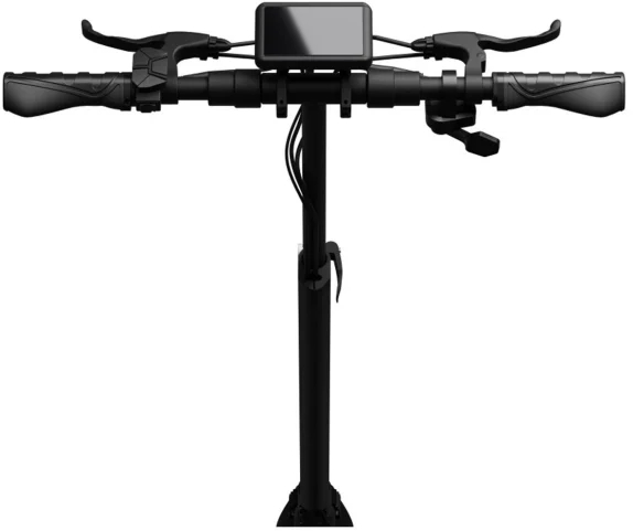 Kierownica skutera z wyświetlaczem i kontrolkami, kolor czarny. Widoczne dźwignie i przyciski.