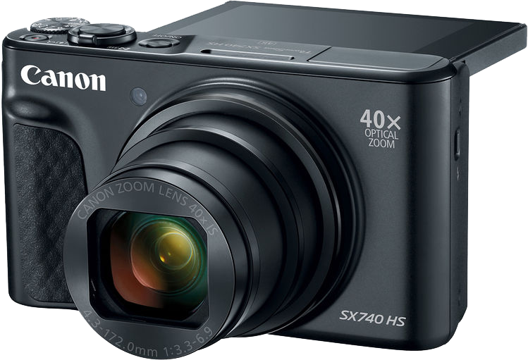 Fekete Canon kamera, a lencse zoomolva, 40x optikai zoommal, és egy kis képernyővel.