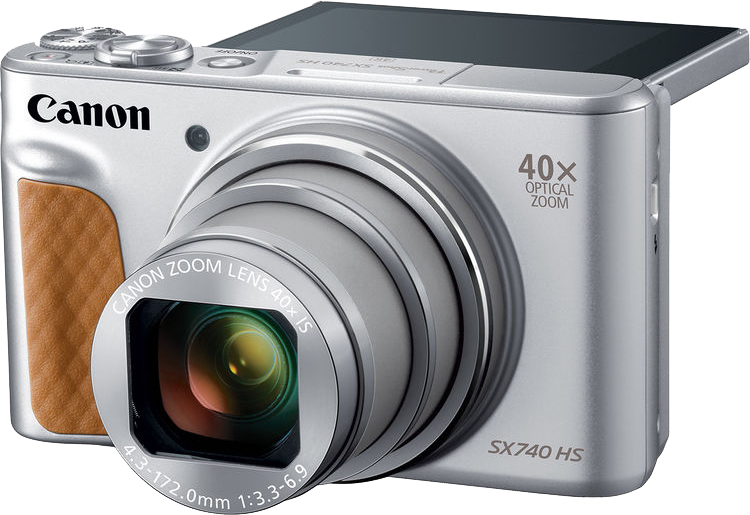 Ezüst Canon kamera barna markolattal, zoomolt lencse, 40x optikai zoom, és egy kis képernyő.