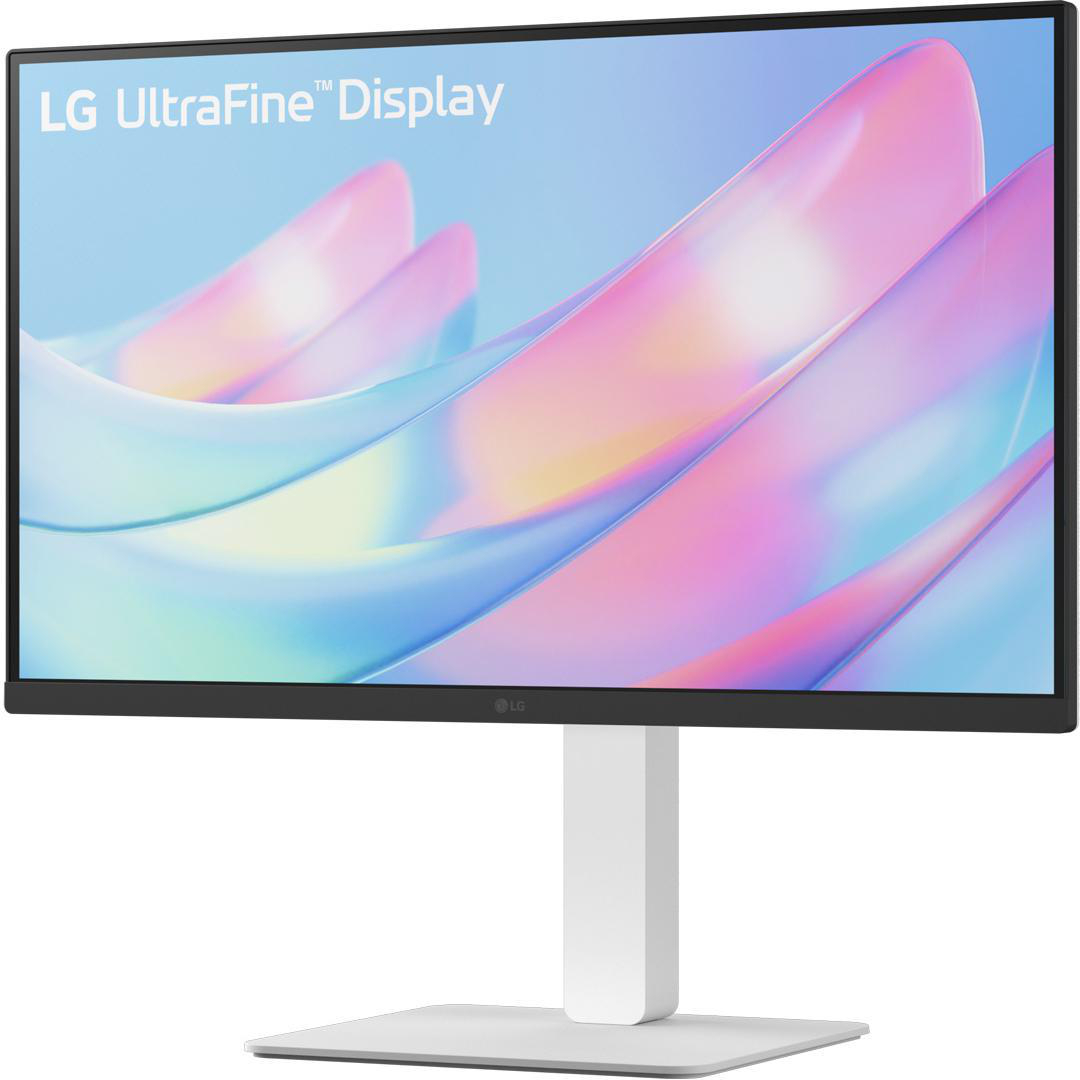 Ein LG UltraFine Display, mit einem farbenfrohen abstrakten Hintergrund und einem weißen Ständer.