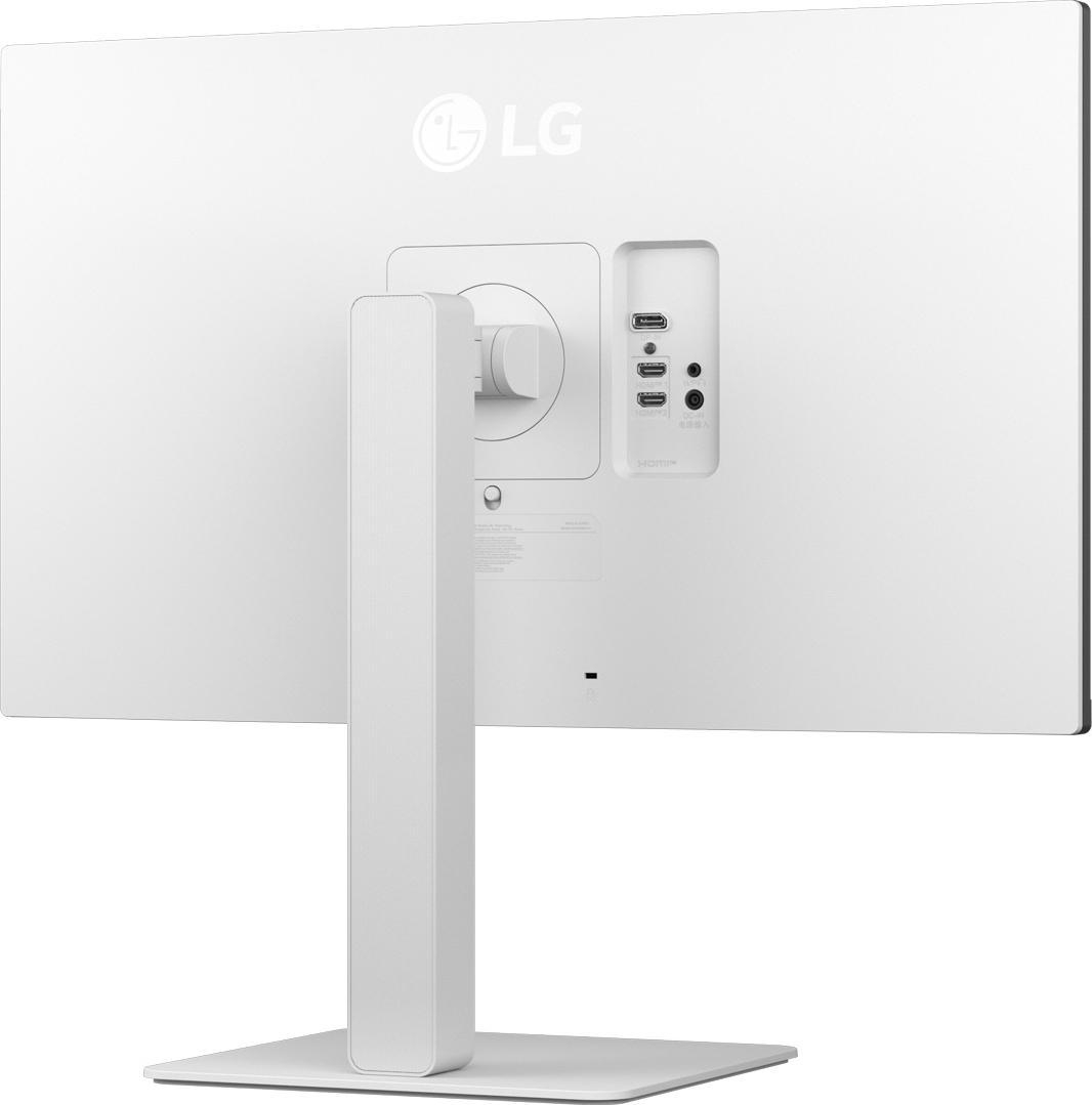 Rückseite eines LG UltraFine Displays. Weiß mit Anschlüssen und weißem Ständer.