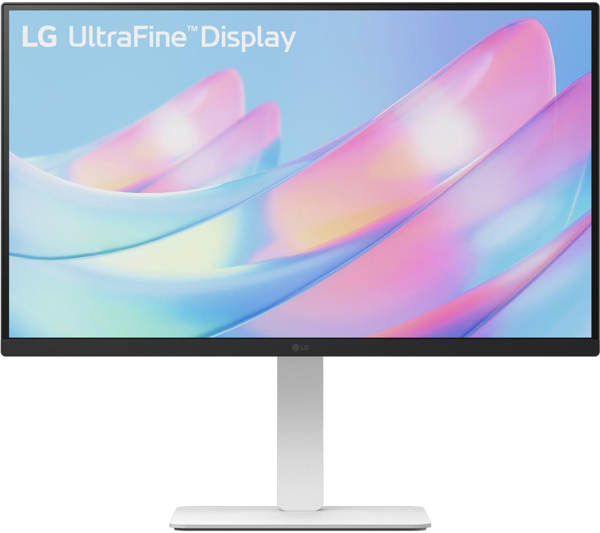 LG UltraFine Display, weißer Ständer und Sockel. Anzeige zeigt abstrakte, farbenfrohe, wellenförmige Formen.