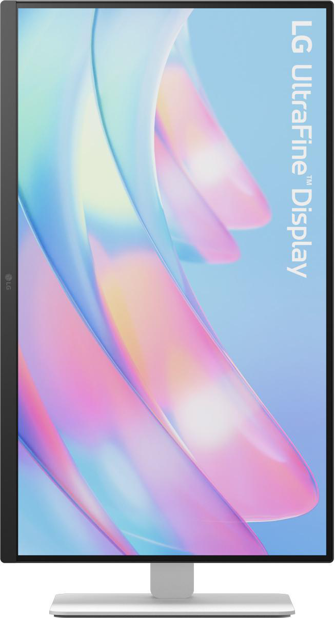 Ein LG UltraFine Display im Hochformat, mit einem farbenfrohen abstrakten Hintergrund.