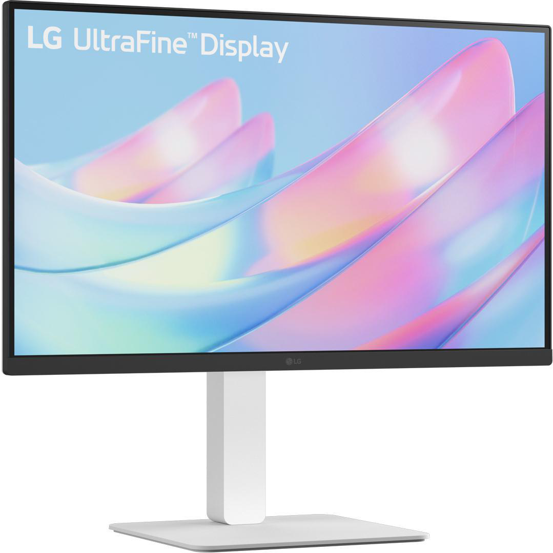 Ein LG UltraFine Display Monitor. Er hat einen weißen Standfuß und einen bunten, abstrakten Hintergrund.