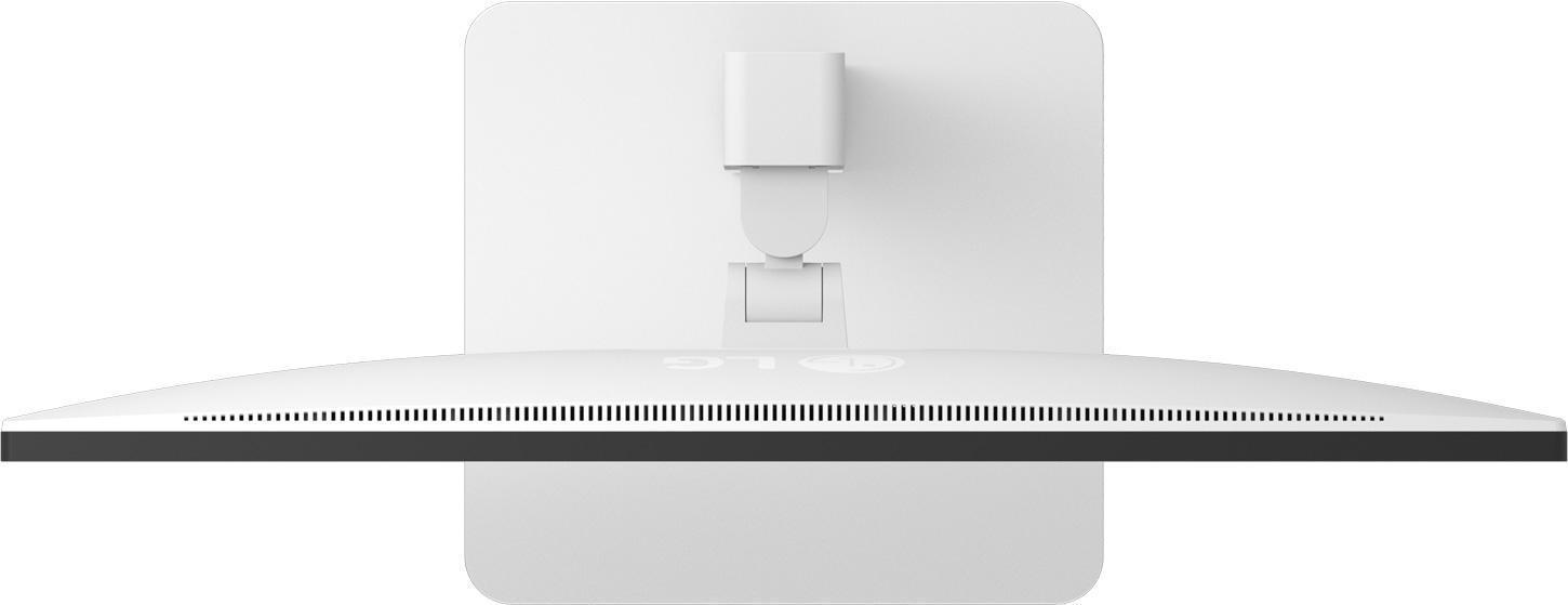 Draufsicht auf einen weißen Computermonitor mit verstellbarem Ständer. Das LG-Logo ist sichtbar.