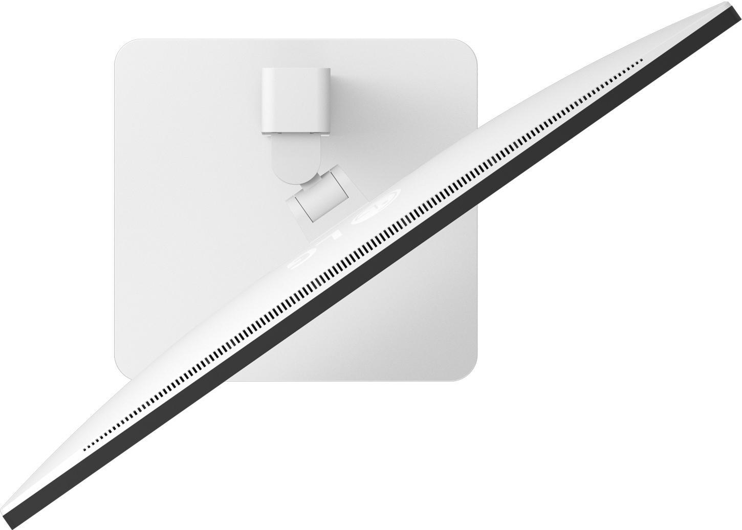 Weißer Computermonitor aus der Draufsicht, montiert auf einem weißen Ständer.