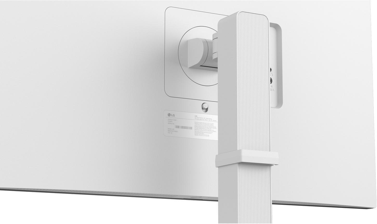 Rückseite eines weißen LG-Monitors mit Ständer und Anschlüssen.