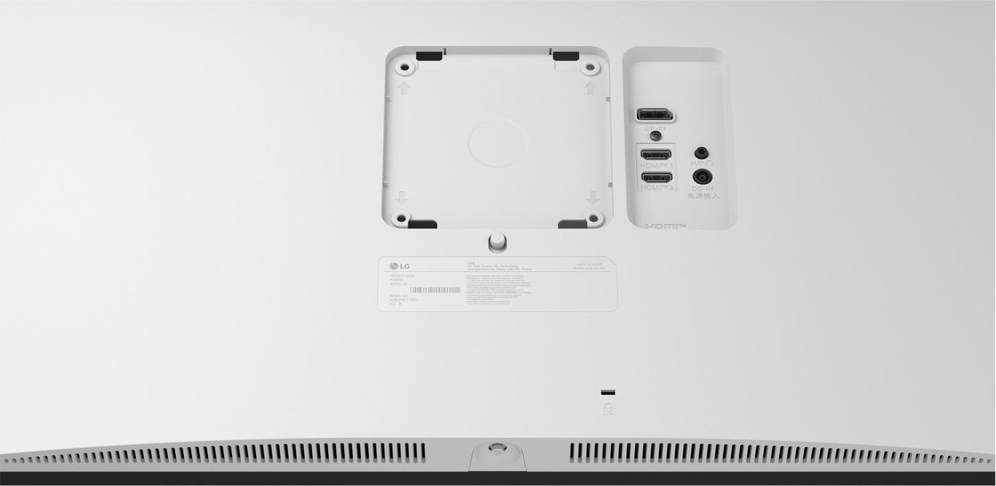 Rückseite eines weißen Computermonitors mit Anschlüssen und Befestigungsbereich.