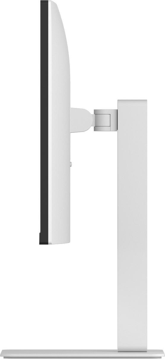 Weißer Computermonitor mit Ständer. Der Monitor ist von der Seite vor weißem Hintergrund zu sehen.