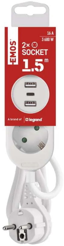 Fehér-piros elosztó aljzatokkal és USB portokkal, valamint dugóval.