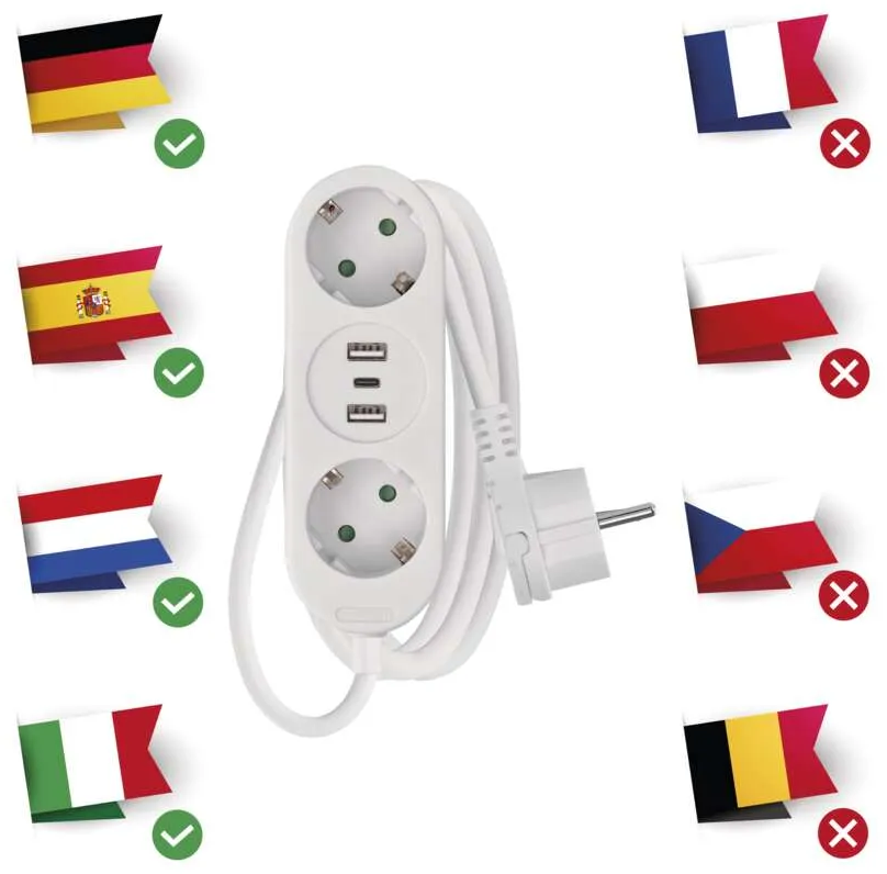 Fehér elosztó három aljzattal és USB portokkal, kompatibilitást jelző zászlókkal.
