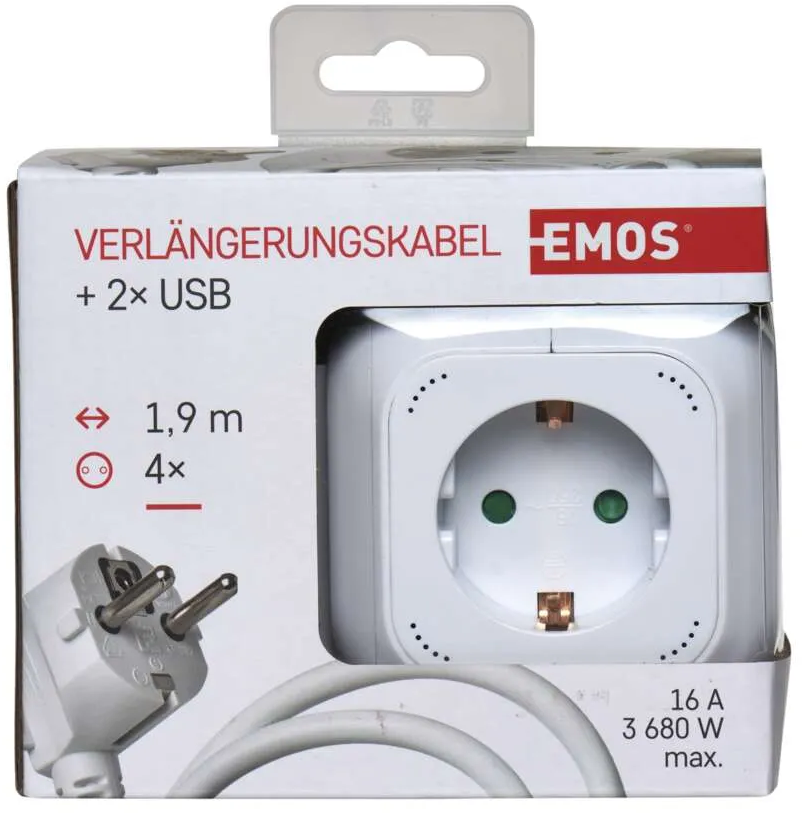 Fehér elosztó 4 aljzattal és 2 USB porttal, dobozban, fehér háttér előtt.