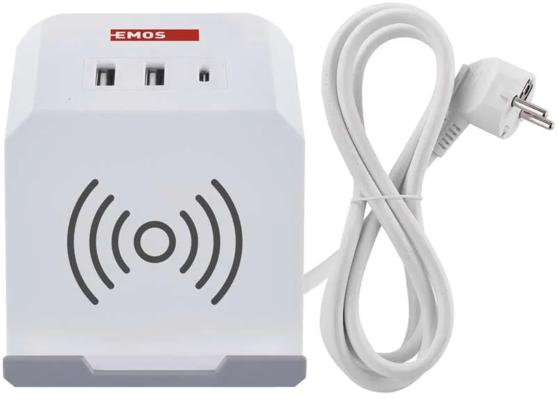 Fehér töltőállomás két USB-porttal és vezeték nélküli töltési területtel. Fehér kábel csatlakozik hozzá.