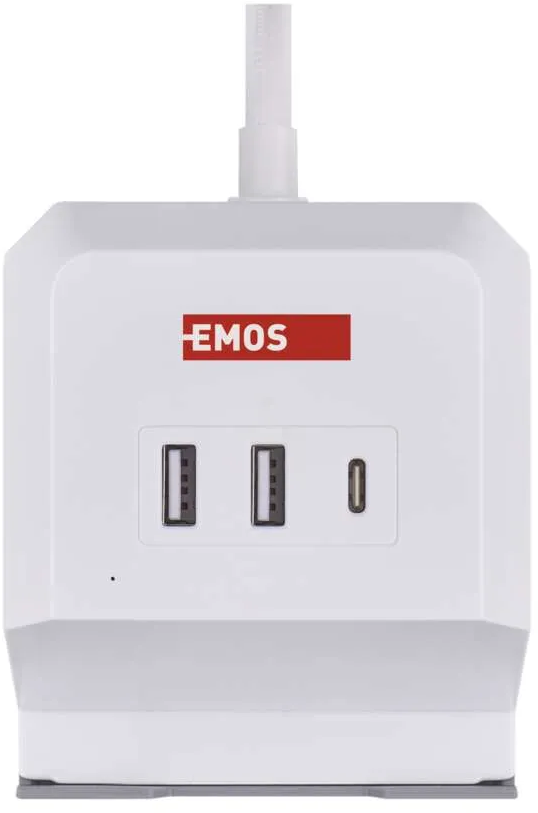 Fehér elosztó két USB porttal és egy USB-C porttal, EMOS márkával.