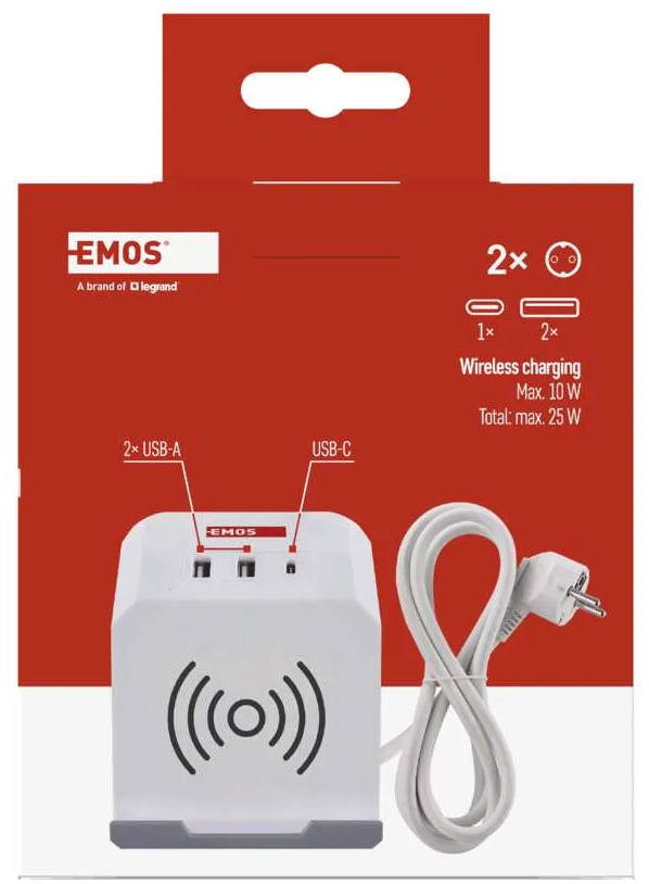 Fehér és piros EMOS töltőállomás USB és vezeték nélküli töltési lehetőséggel, csomagolásban.