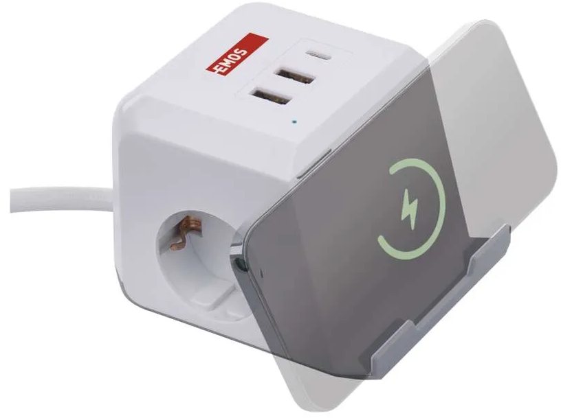 Egy fehér power cube töltőportokkal és telefontartóval.