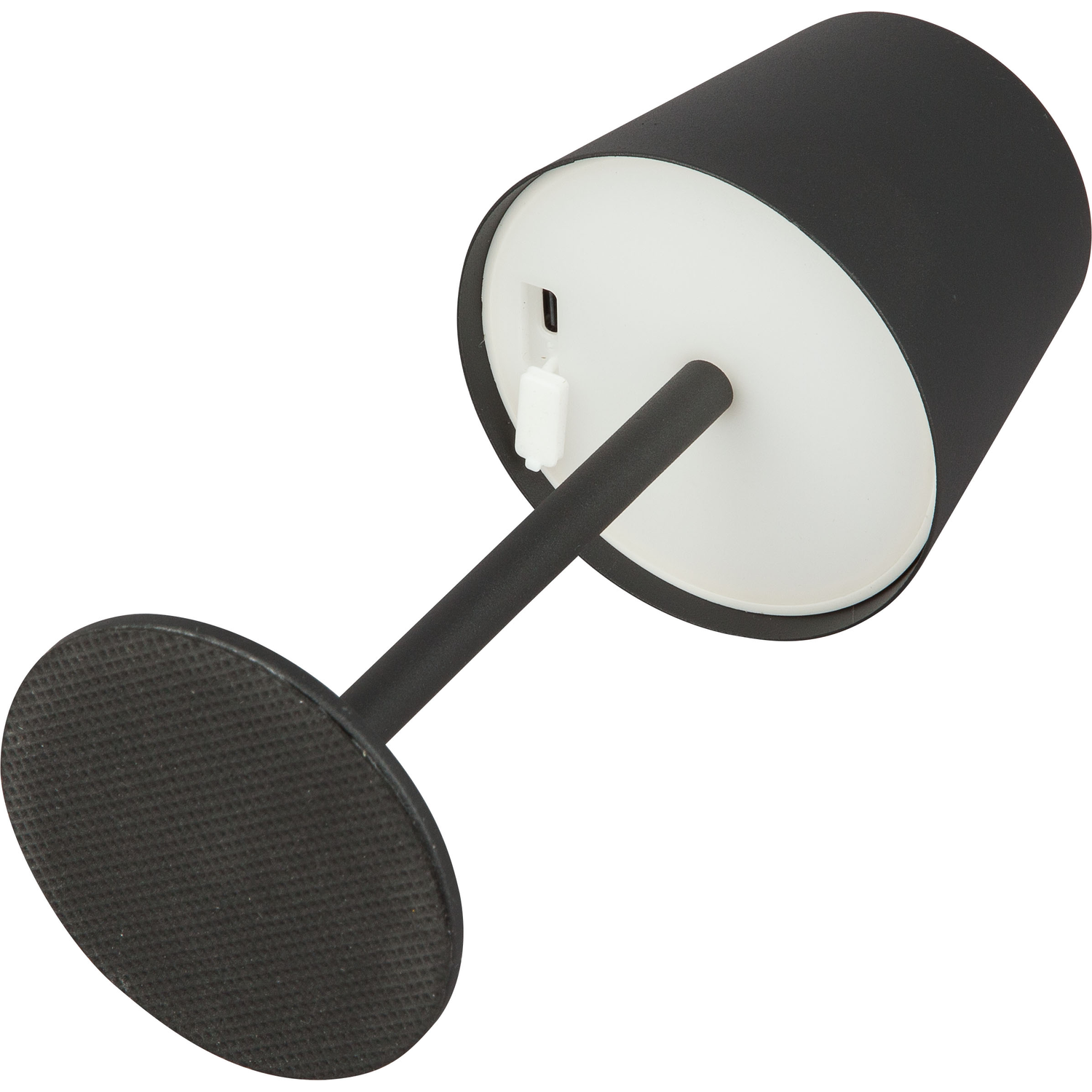 Zwart-witte tafellamp met een cilindrische kap en een ronde voet.