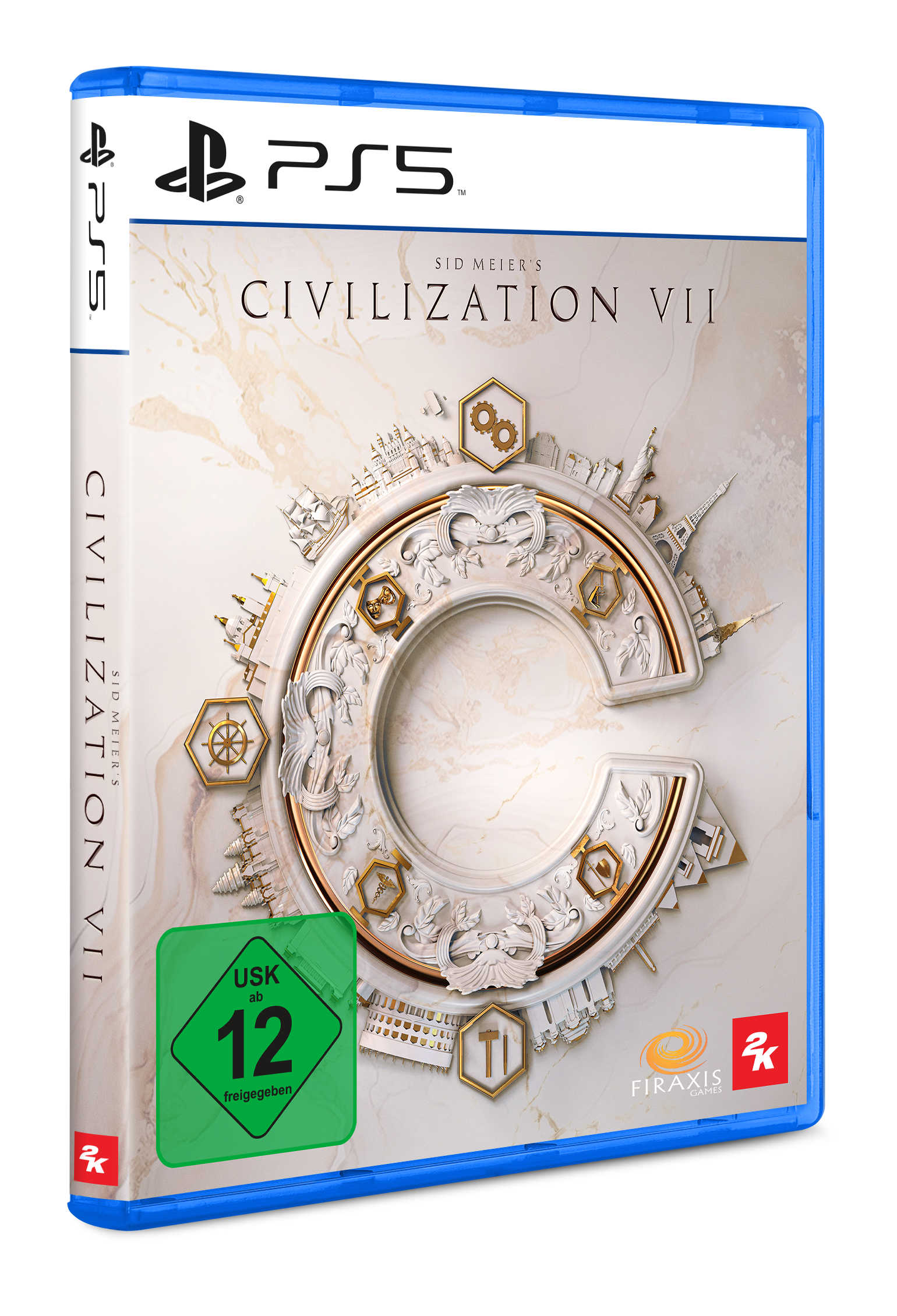 PS5 Spielbox für Sid Meier's Civilization VII, blaues Gehäuse, mit weißem Cover.
