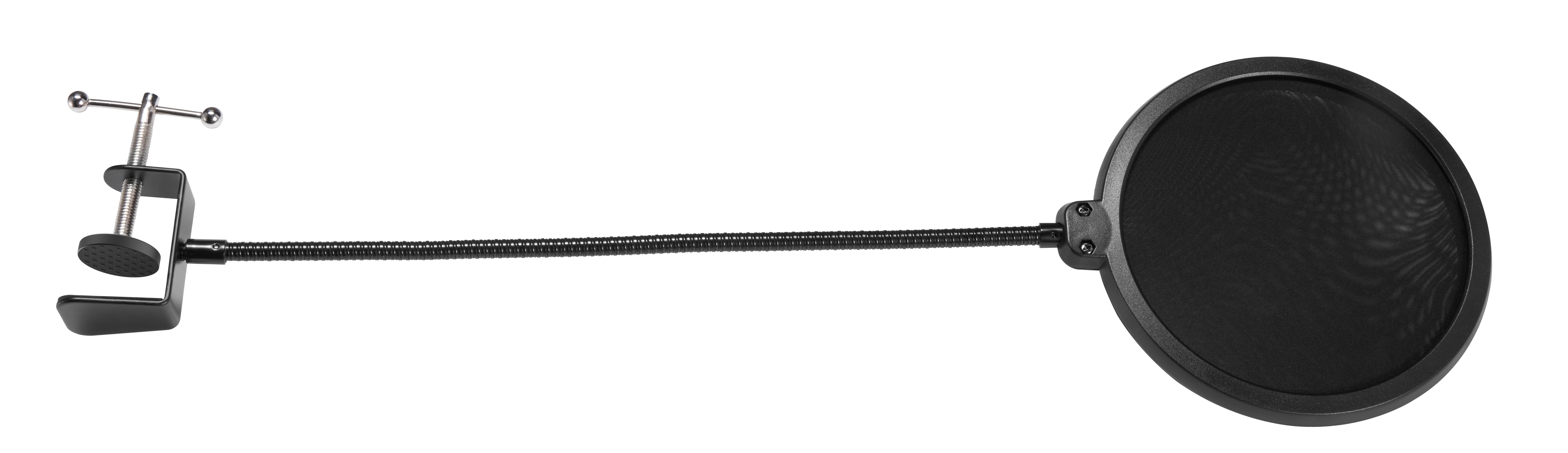 Ein schwarzer Mikrofon-Popfilter, der an einer Klemme und einem flexiblen Arm auf weißem Hintergrund befestigt ist.
