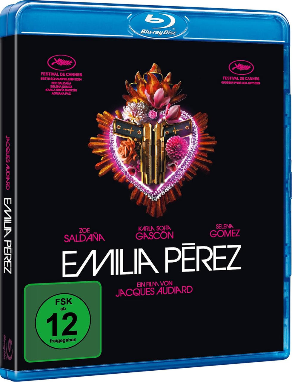Blu-ray-Disc-Hülle für den Film Emilia Pérez. Enthält Filmtitel und Namen der Schauspieler. Dunkler Hintergrund.