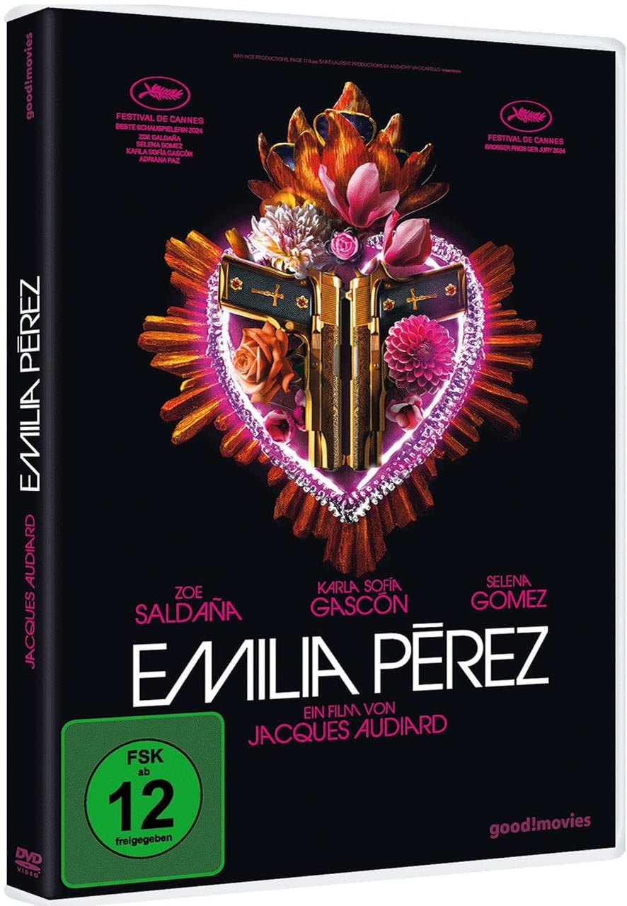 DVD-Cover für Emilia Pérez, schwarzer Hintergrund, Waffen, Blumen und Schauspielernamen.