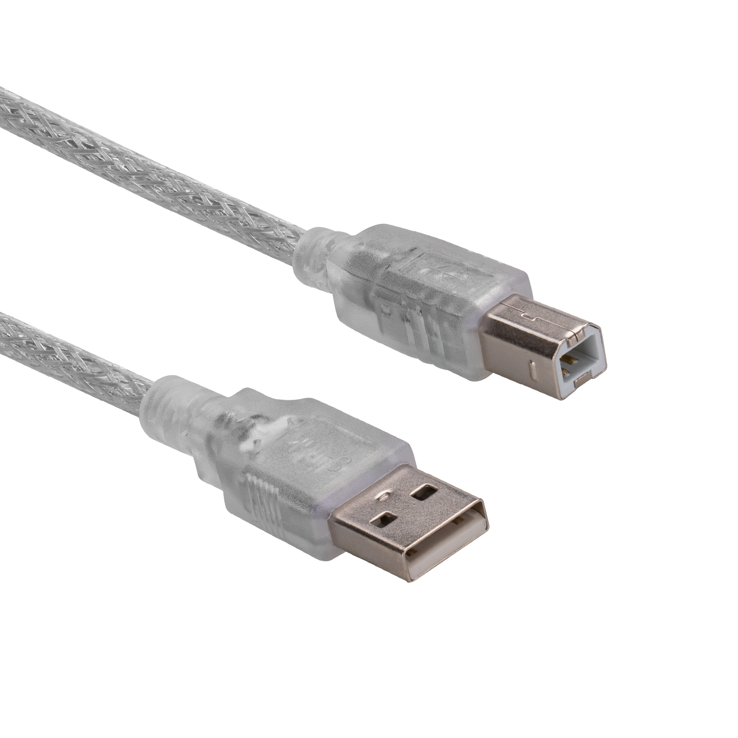 Beyaz zemin üzerinde, iki konektörlü şeffaf bir USB kablosu.