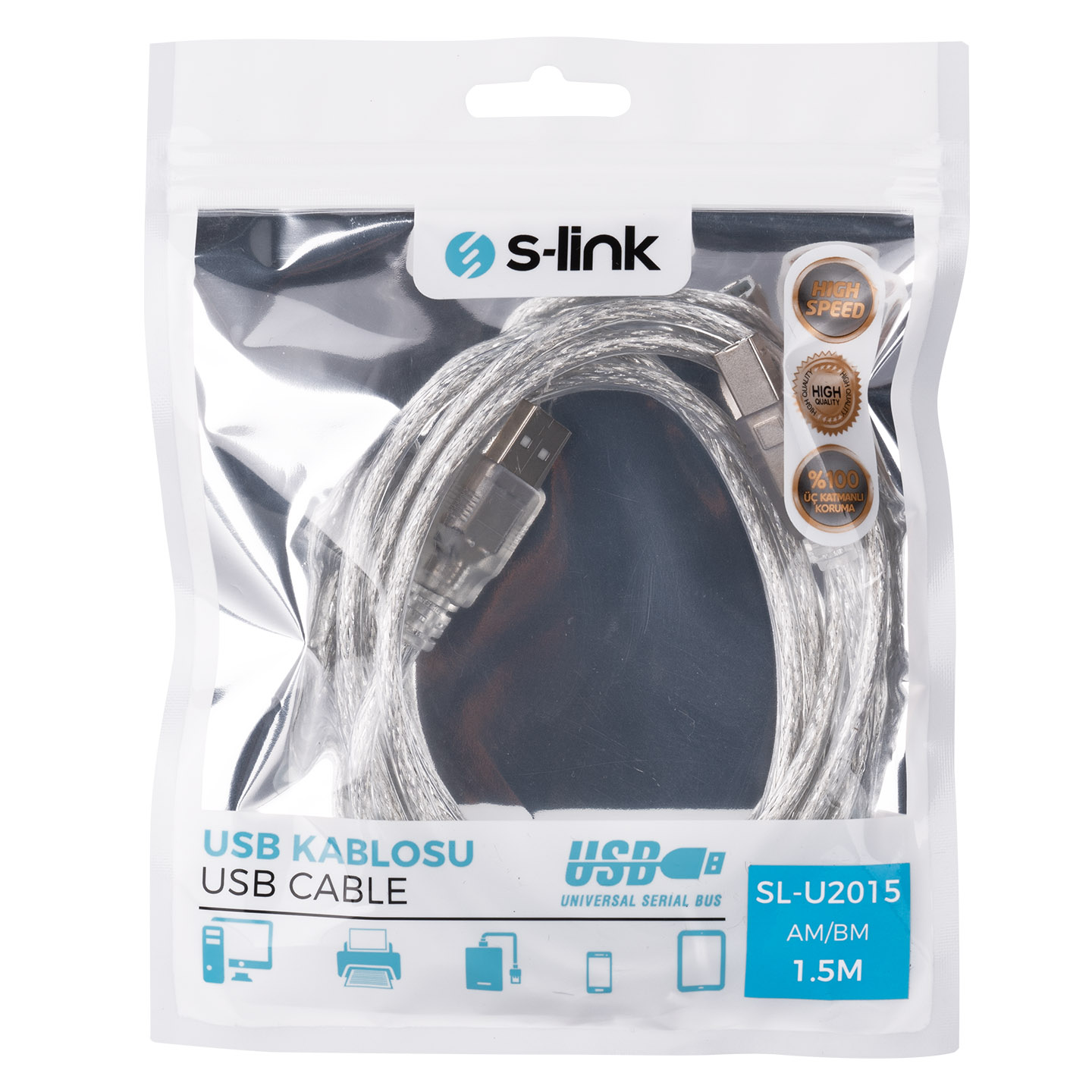 Şeffaf plastik bir ambalajda USB kablosu, s-link logosu ve USB kablosu metni.