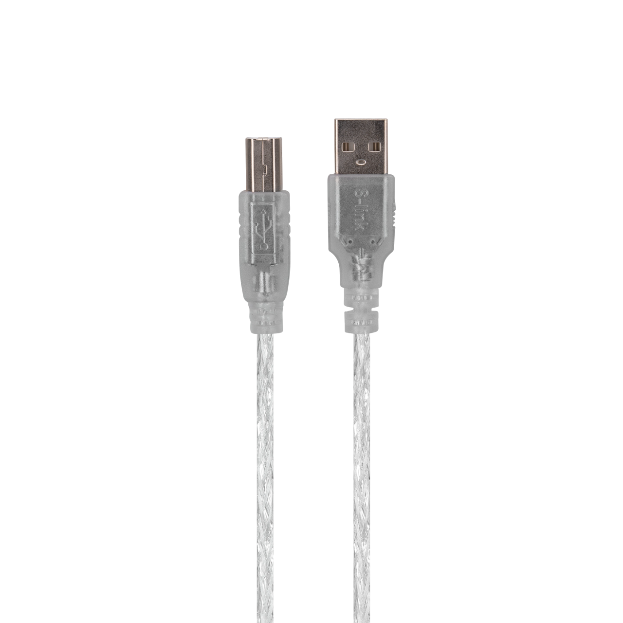 Siyah arka plan üzerinde iki şeffaf USB kablosu. USB-A ve USB-B konektörleri.