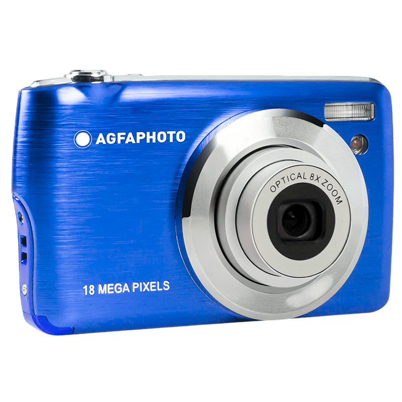 Blaue Kamera mit silbernem Objektiv. Die Kamera hat das Agfaphoto-Logo.