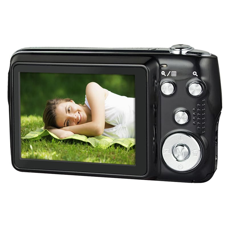 Eine schwarze Digitalkamera, die eine Frau auf einer grünen Decke zeigt, die lächelt.