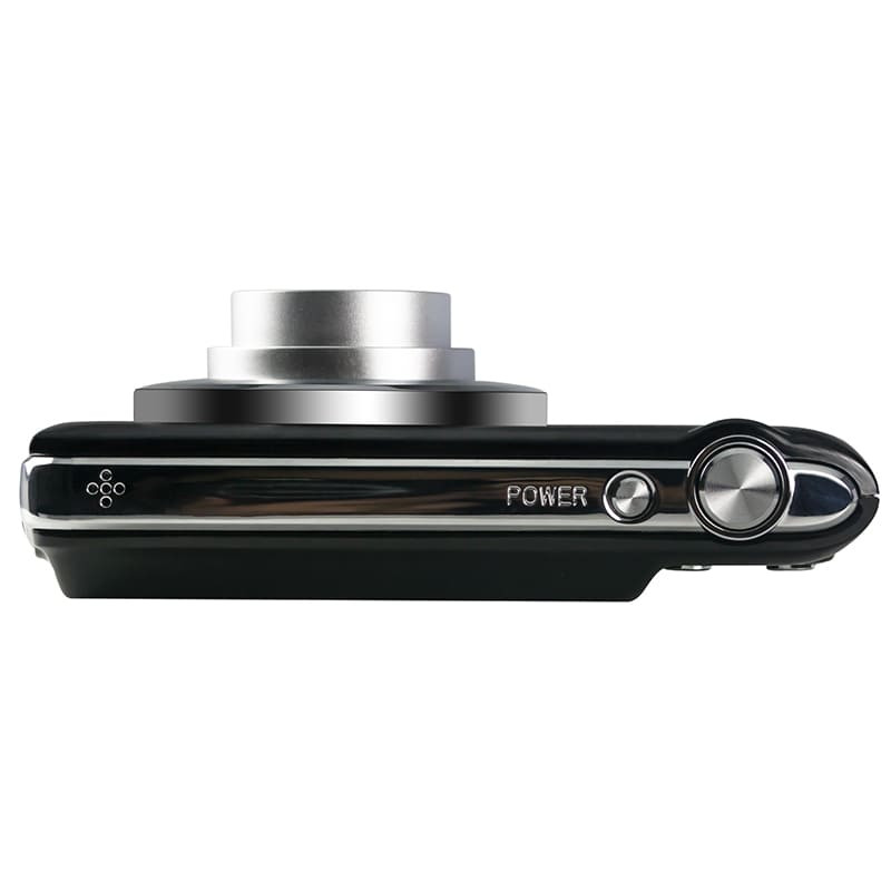 Eine schwarze Digitalkamera mit einem silbernen Objektiv und Ein-/Aus-Knopf.