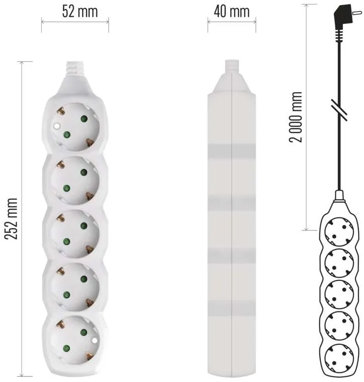 Hosszabbító kábel aljzatokkal és méretekkel.