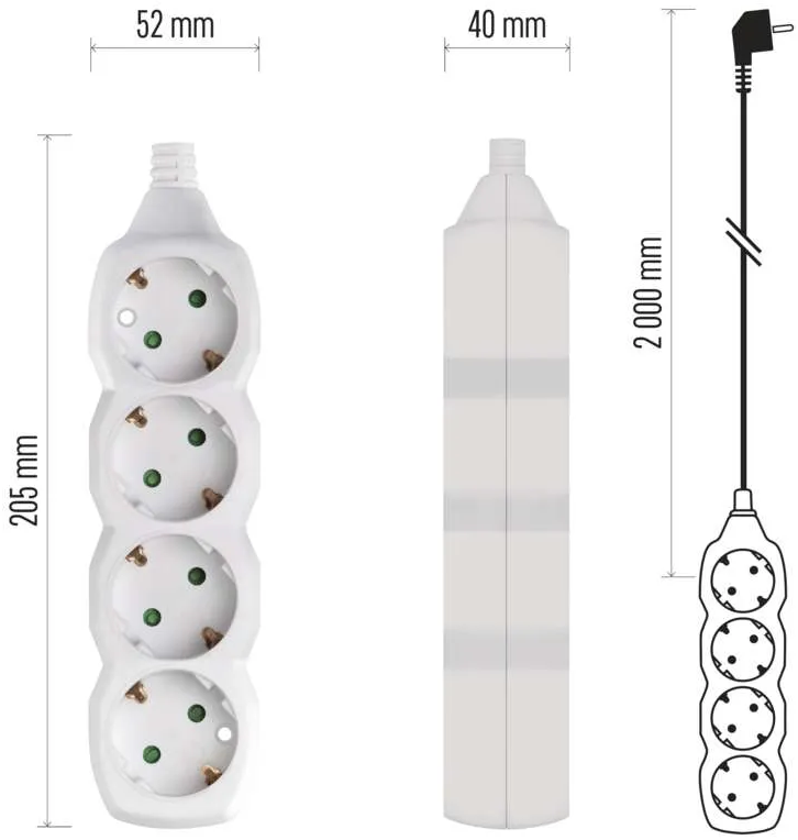 Fehér elosztó négy aljzattal, diagrammal és méretekkel.