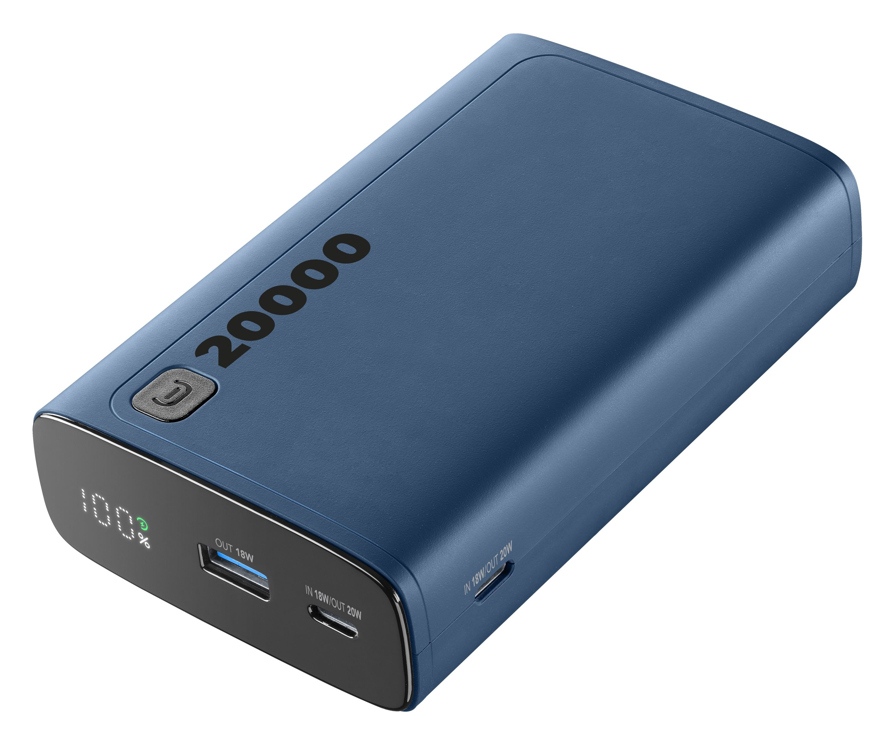 Üzerinde 20000 yazılı mavi powerbank.