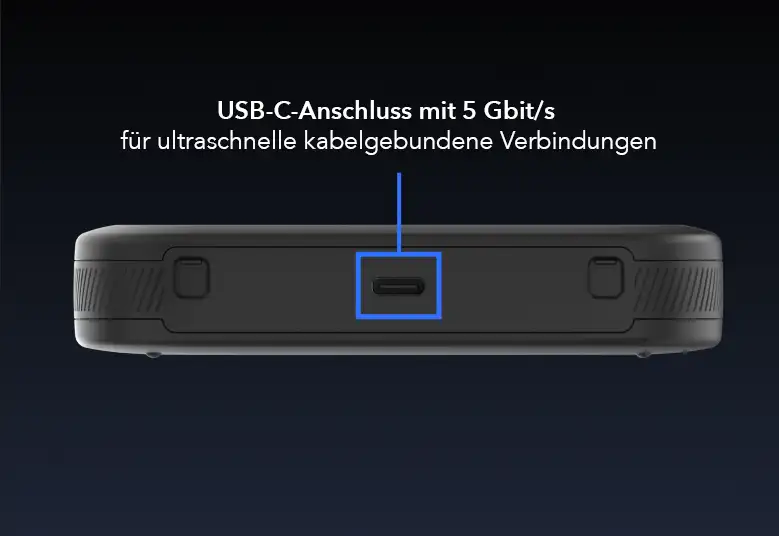 Un appareil noir avec un port USB-C étiqueté. Le texte est en allemand.