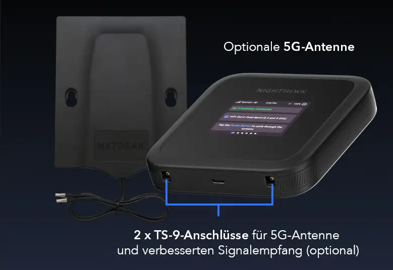 Un appareil noir avec une antenne 5G et du texte en allemand sur ses fonctions.