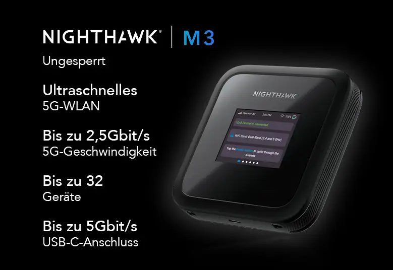 Routeur Nighthawk M3 noir, écran allumé, avec texte. Fond noir.