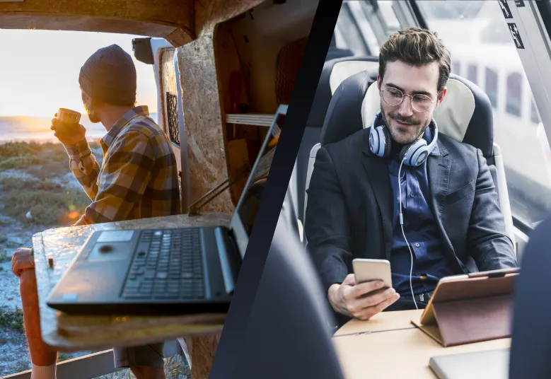 Une image divisée : un homme dans une camionnette avec du café, un autre dans un train avec un téléphone et une tablette.