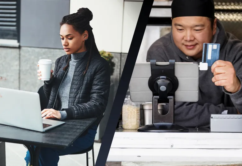 Deux personnes dans un café, l'une utilise un ordinateur portable, l'autre prend un paiement avec une tablette.