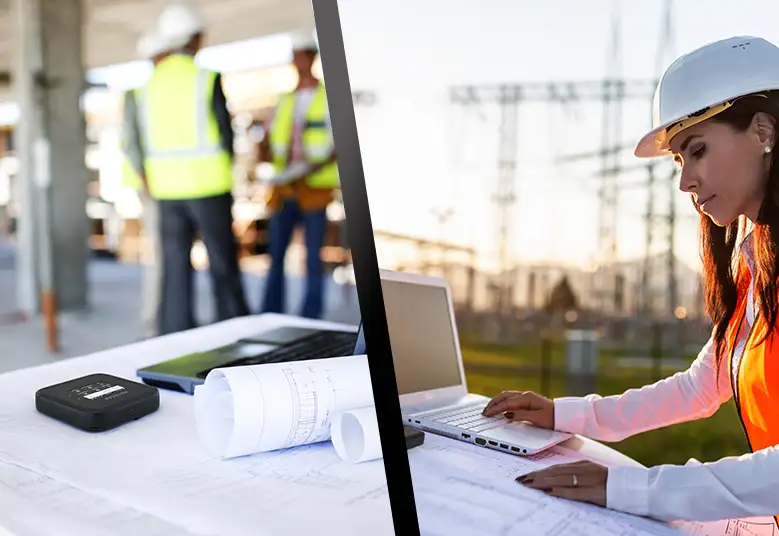 Chantier avec ouvriers et femme travaillant sur des plans.