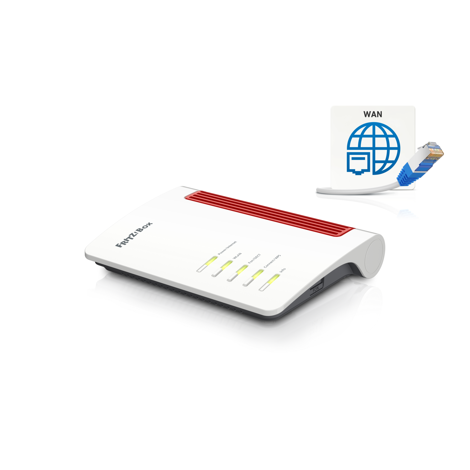 A white and red FRITZ!Box router with a blue cable and a WAN icon on a black background.