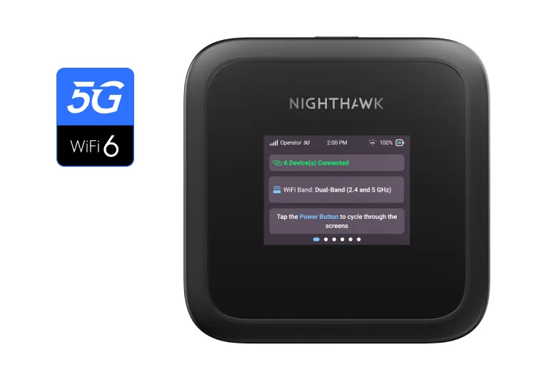 Appareil point d'accès mobile noir, 5G, WiFi 6, affichage écran.