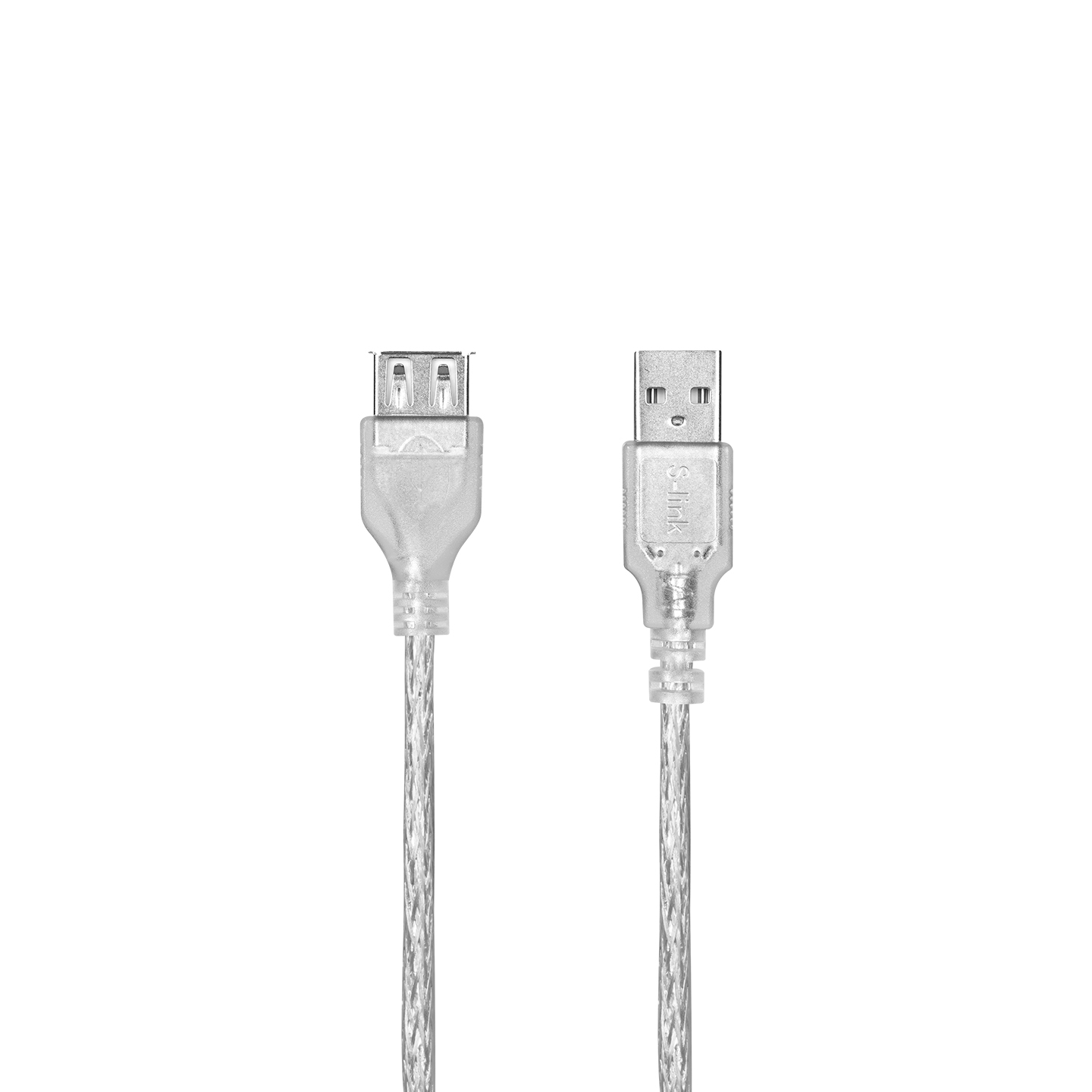 Bir USB-A ve bir Micro-USB konektörlü şeffaf bir USB kablosu.