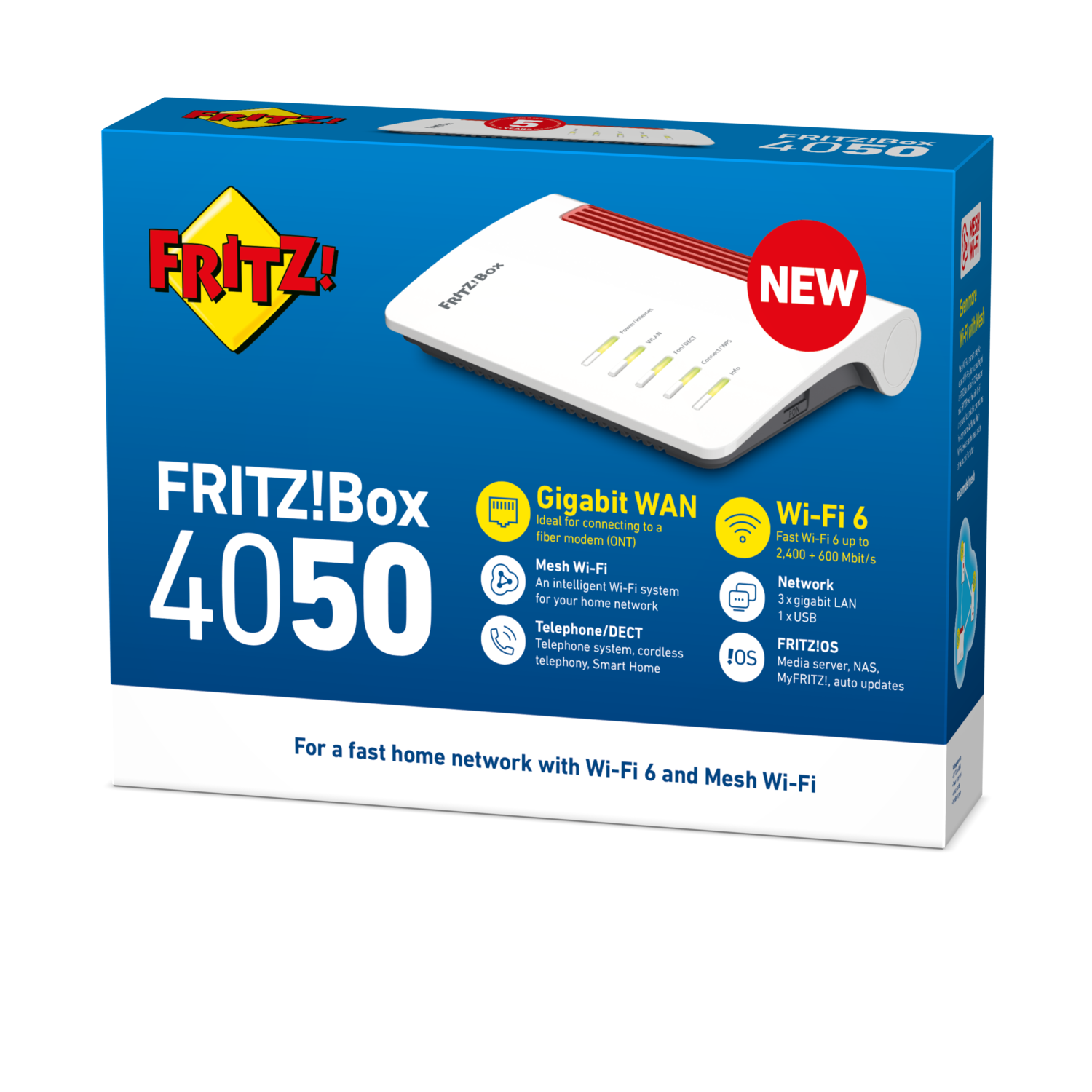 A blue box of FRITZ!Box 4050, with a white router. Text details Wi-Fi 6, Gigabit WAN, and home network info.