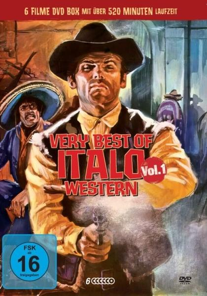 DVD-Cover, 'Very Best of Italo Western Vol.1'. Ein Mann mit Cowboyhut hält eine Waffe.