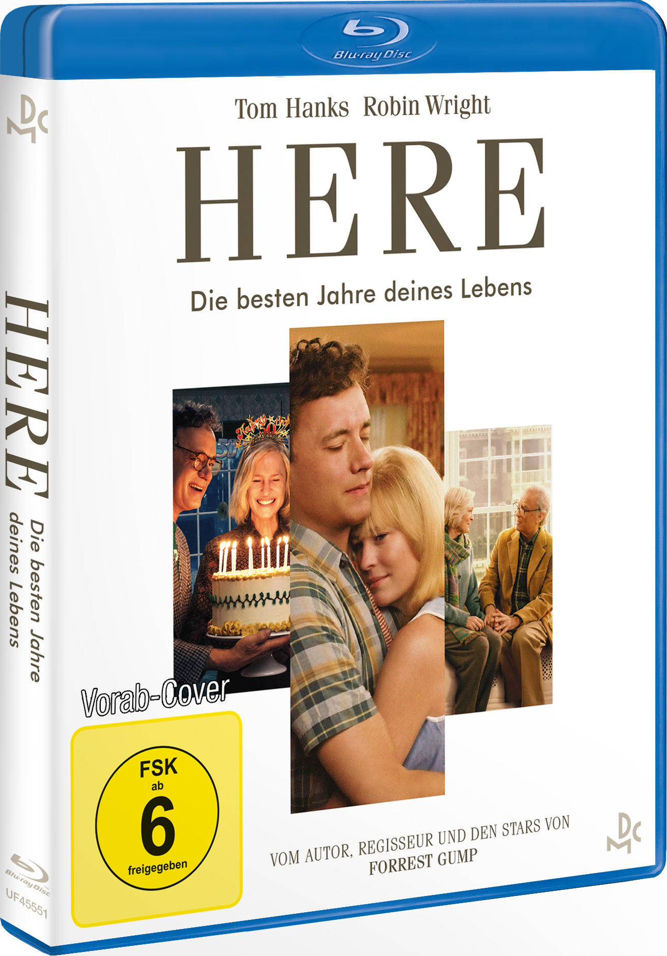 Blu-ray-Cover für den Film "Here". Bild zeigt Tom Hanks und Personen.